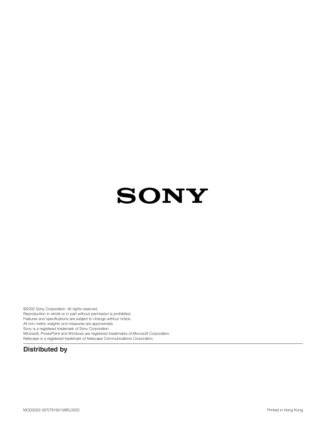 Sony PFM-42B2E/S manual Distributed by 