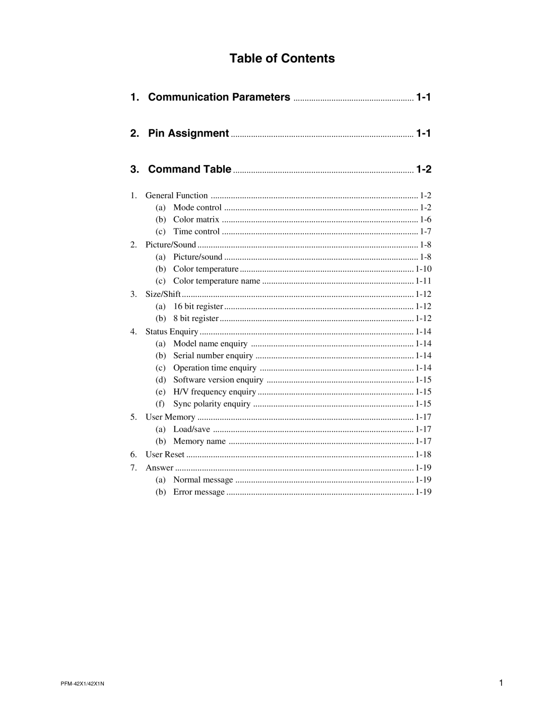 Sony PFM-42X1N manual Table of Contents 