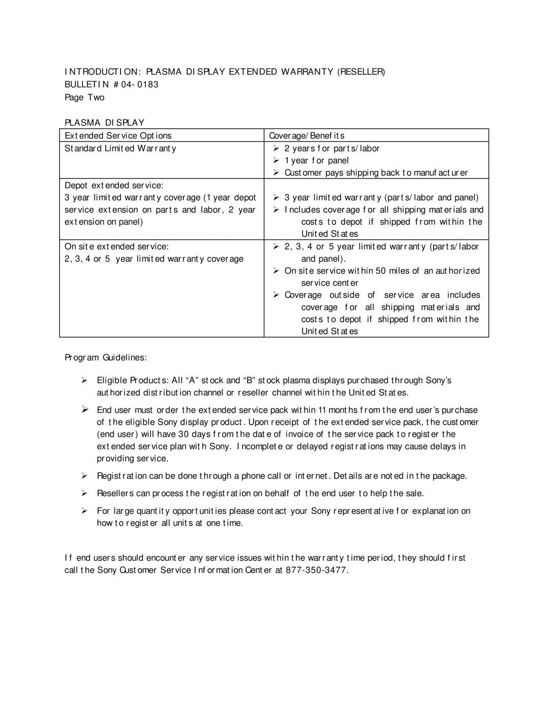 Sony PFM3OS10K warranty Bulletin #04-0183 Two, Plasma Display, Program Guidelines 