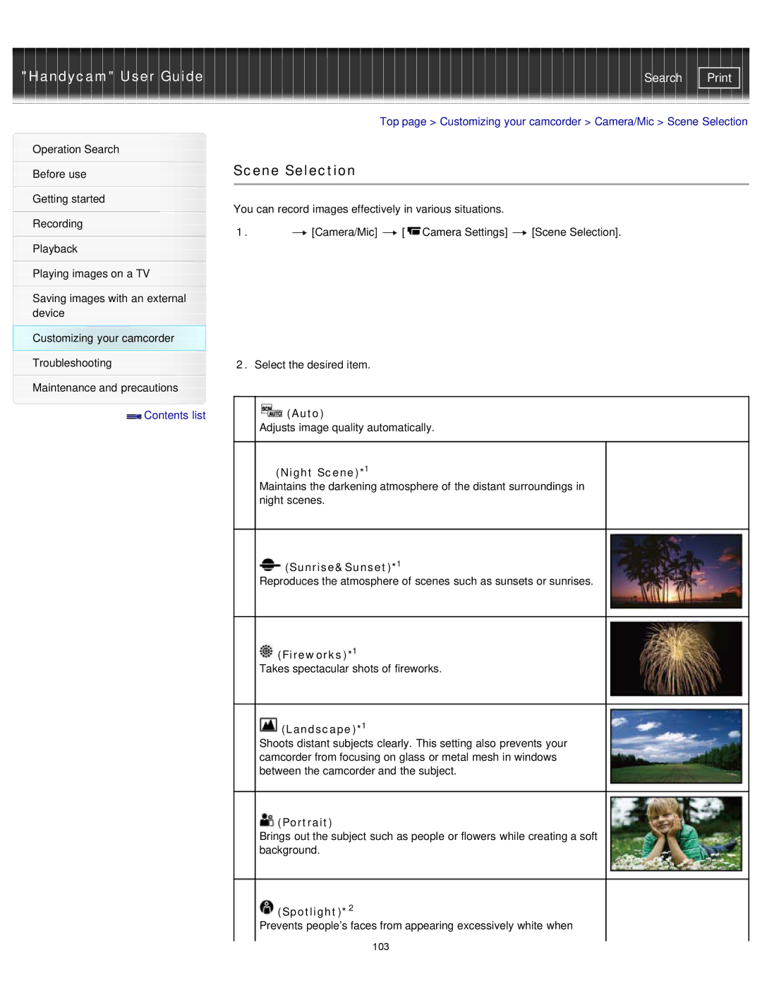 Sony PJ320E, PJ390E, PJ230E, PJ380E manual Scene Selection 