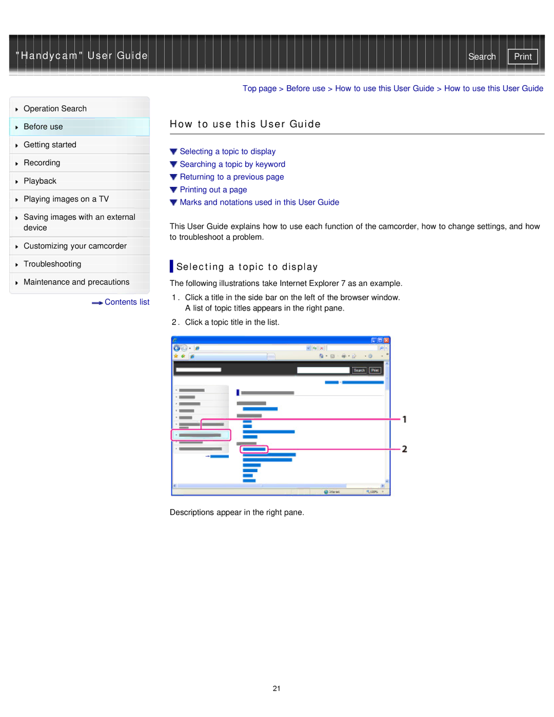 Sony PJ390E, PJ230E, PJ380E, PJ320E manual How to use this User Guide, Selecting a topic to display 