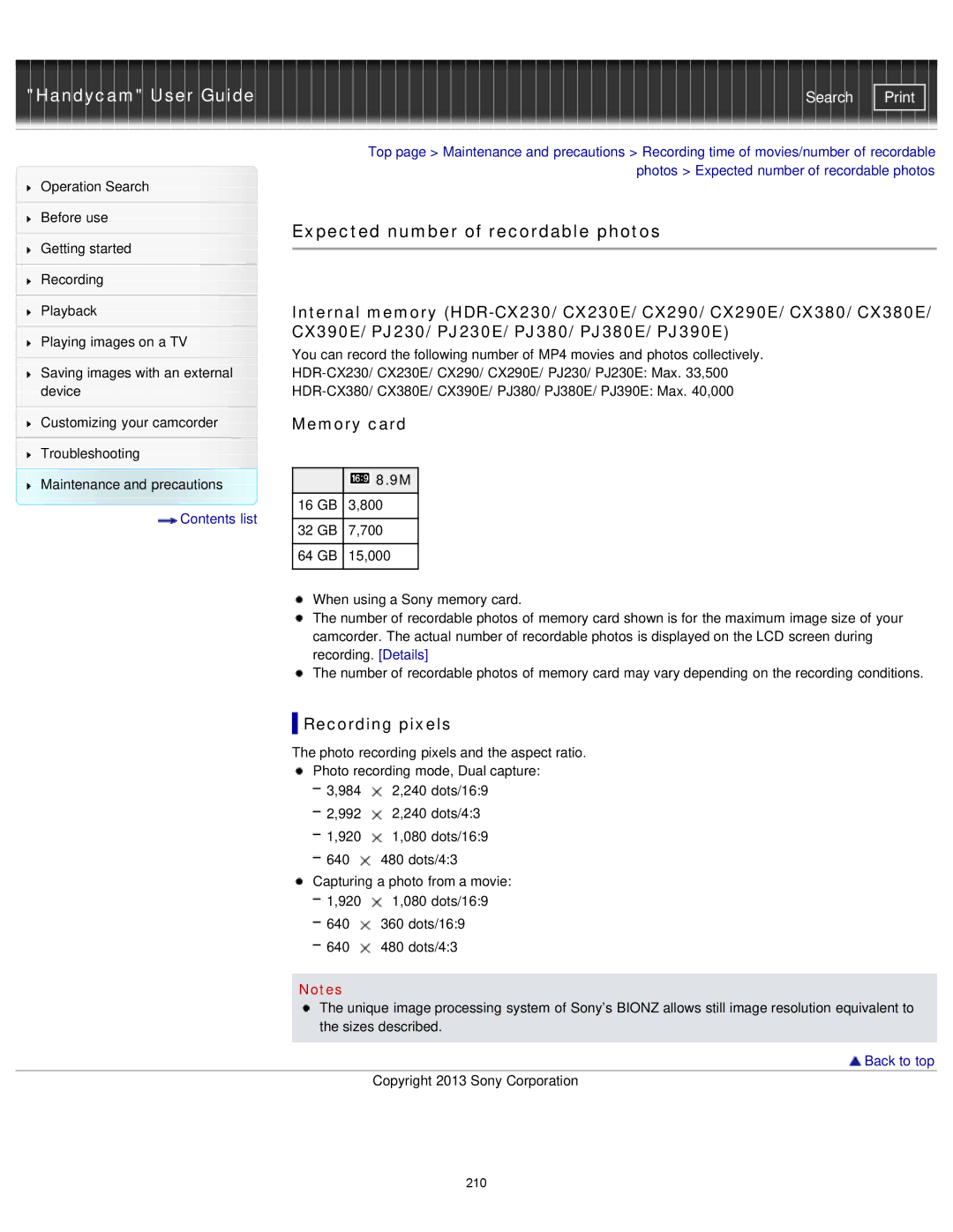 Sony PJ390E, PJ230E, PJ380E, PJ320E manual Expected number of recordable photos, Recording pixels 