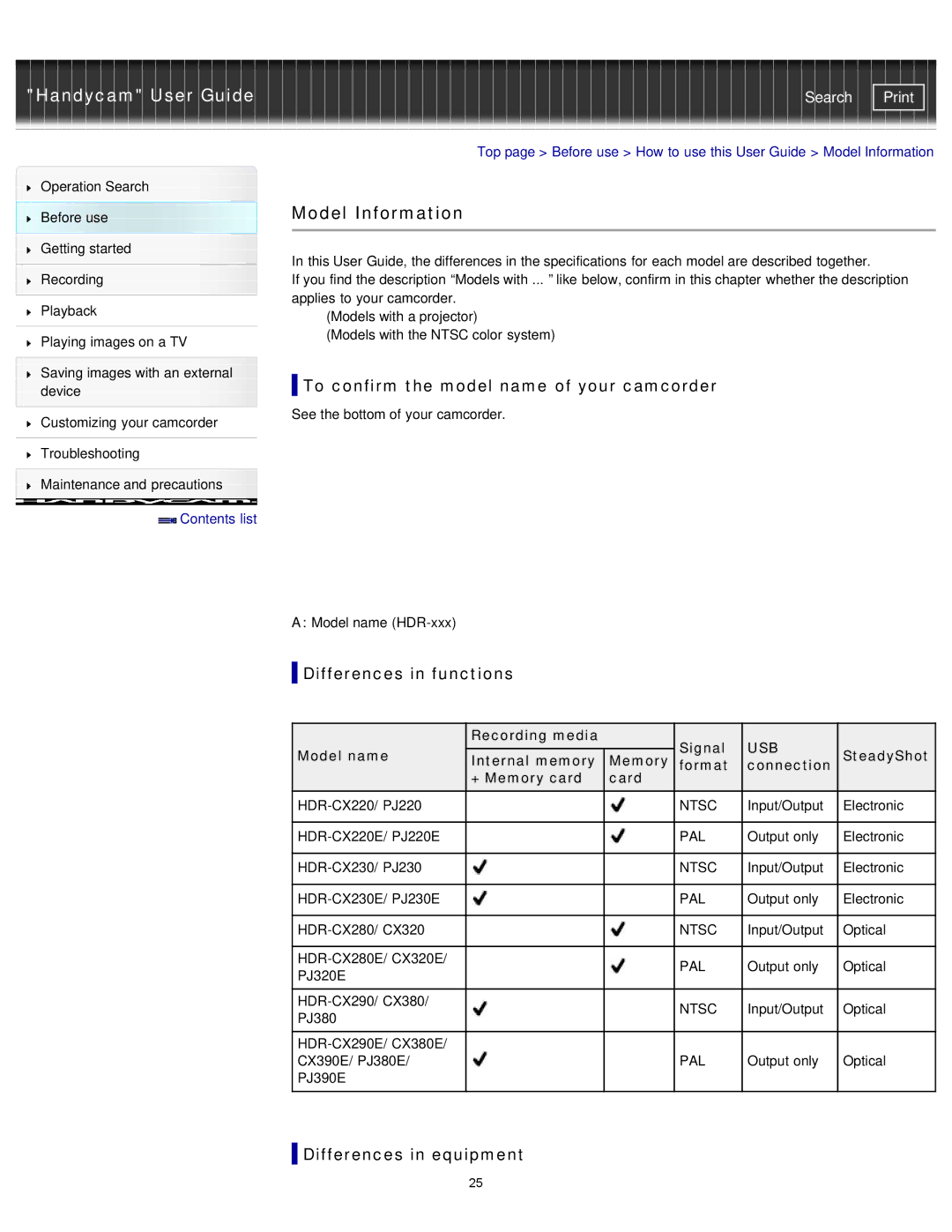 Sony PJ380E, PJ390E, PJ230E Model Information, To confirm the model name of your camcorder, Differences in functions 