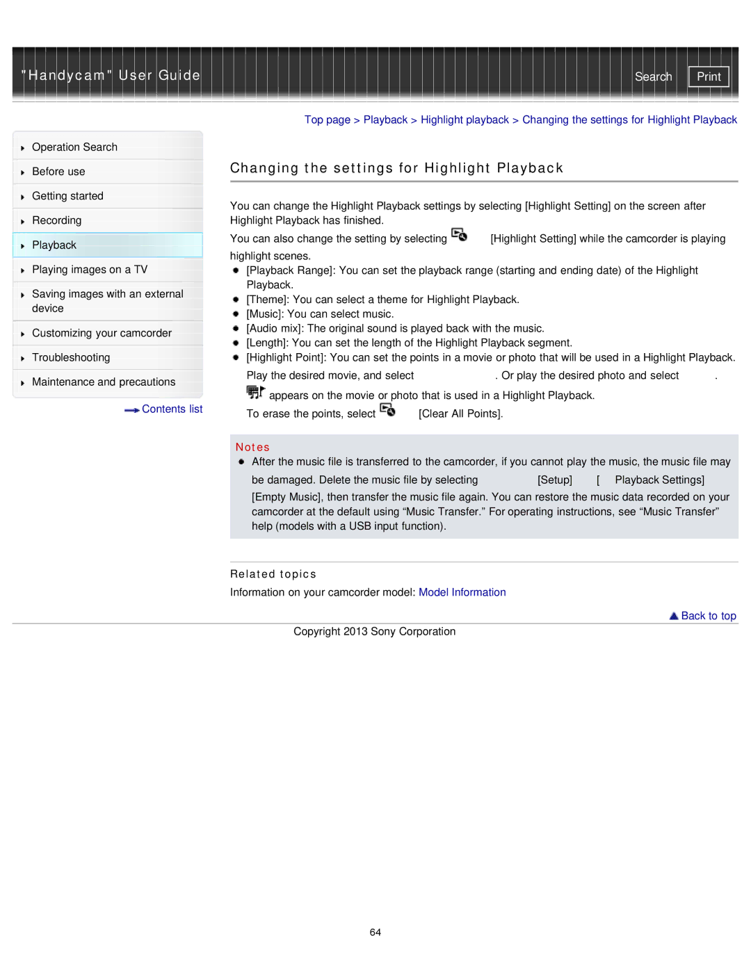 Sony PJ390E, PJ230E, PJ380E, PJ320E manual Changing the settings for Highlight Playback 