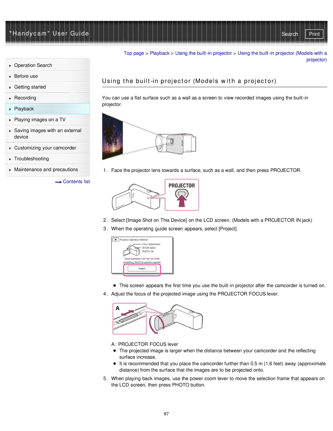 Sony PJ380E, PJ390E, PJ230E, PJ320E manual Using the built-in projector Models with a projector 