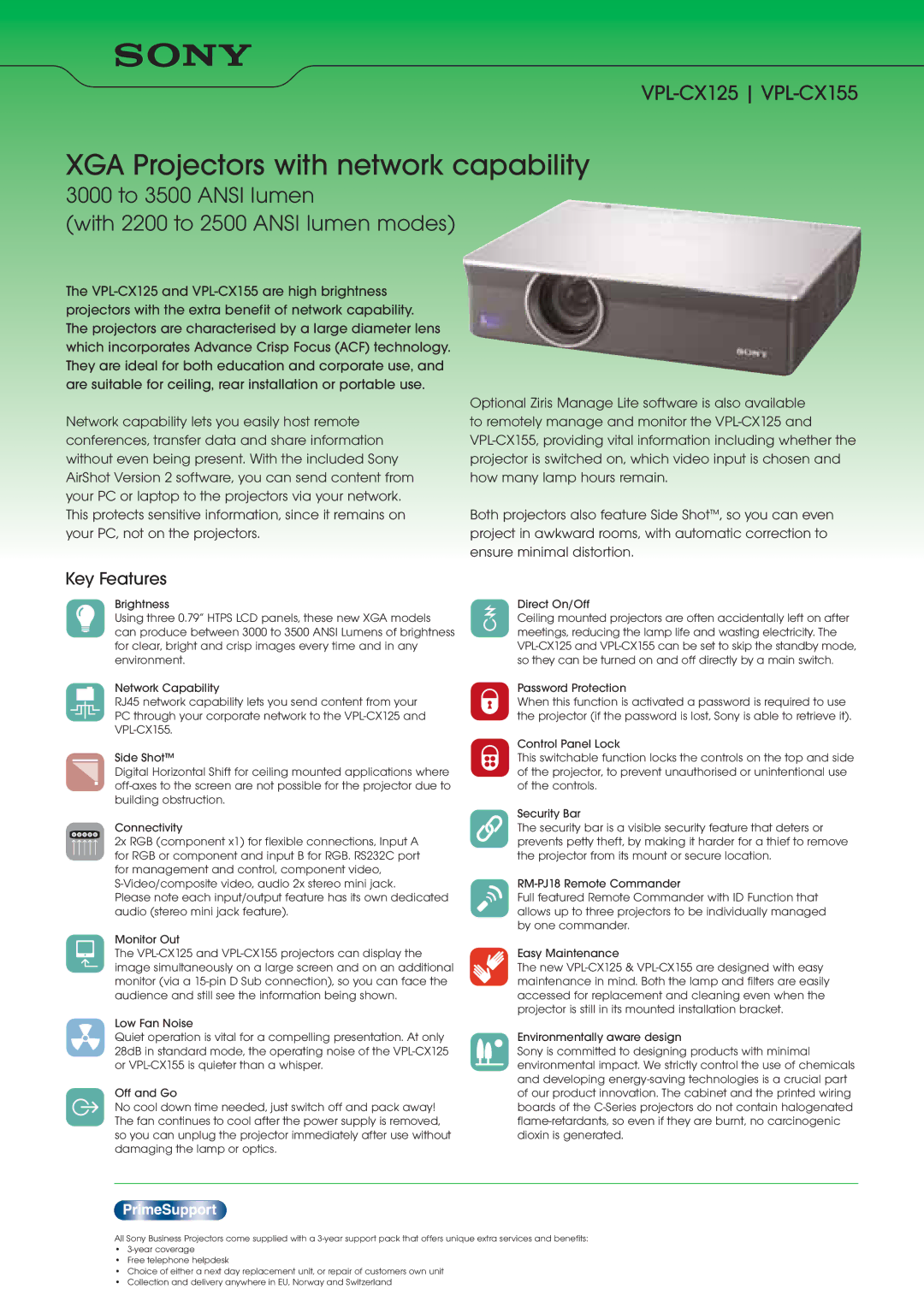 Sony PL-CX125 manual XGA Projectors with network capability, 3000 to 3500 Ansi lumen With 2200 to 2500 Ansi lumen modes 