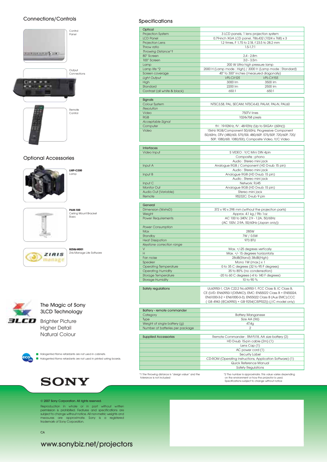 Sony PL-CX125 manual Connections/Controls, Optional Accessories, Specifications 