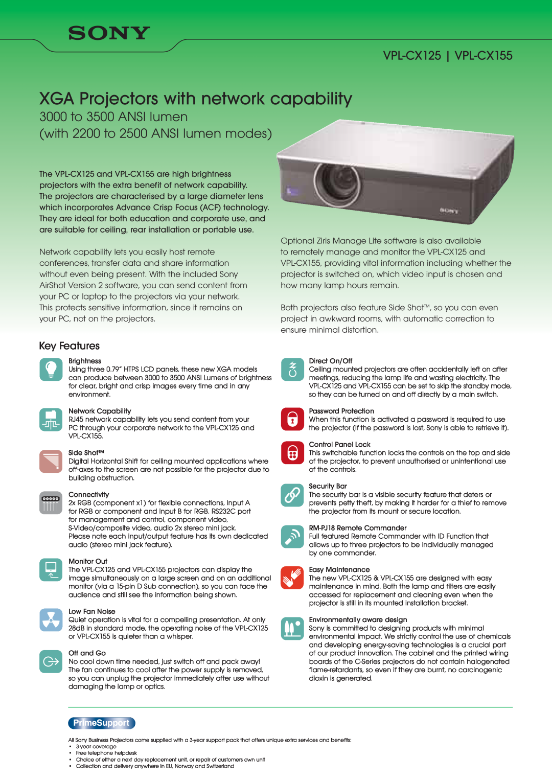 Sony manual XGA Projectors with network capability, 3000 to 3500 ANSI lumen, VPL-CX125 VPL-CX155, Key Features 