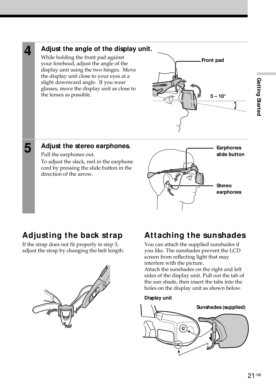 Sony PLM-S700E instruction manual Adjusting the back strap, Attaching the sunshades, Adjust the angle of the display unit 