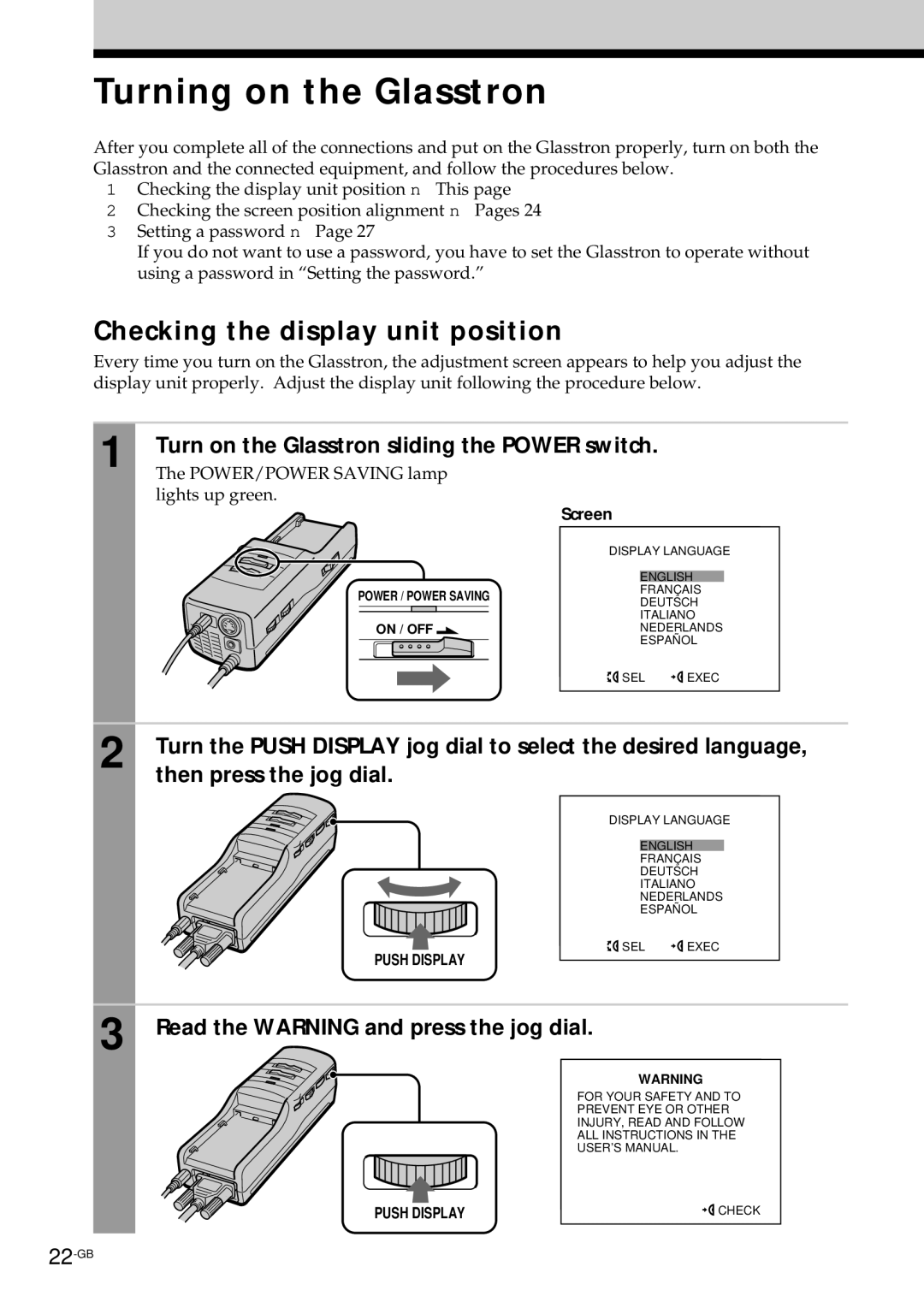 Sony PLM-S700E instruction manual Turning on the Glasstron, Checking the display unit position, Then press the jog dial 