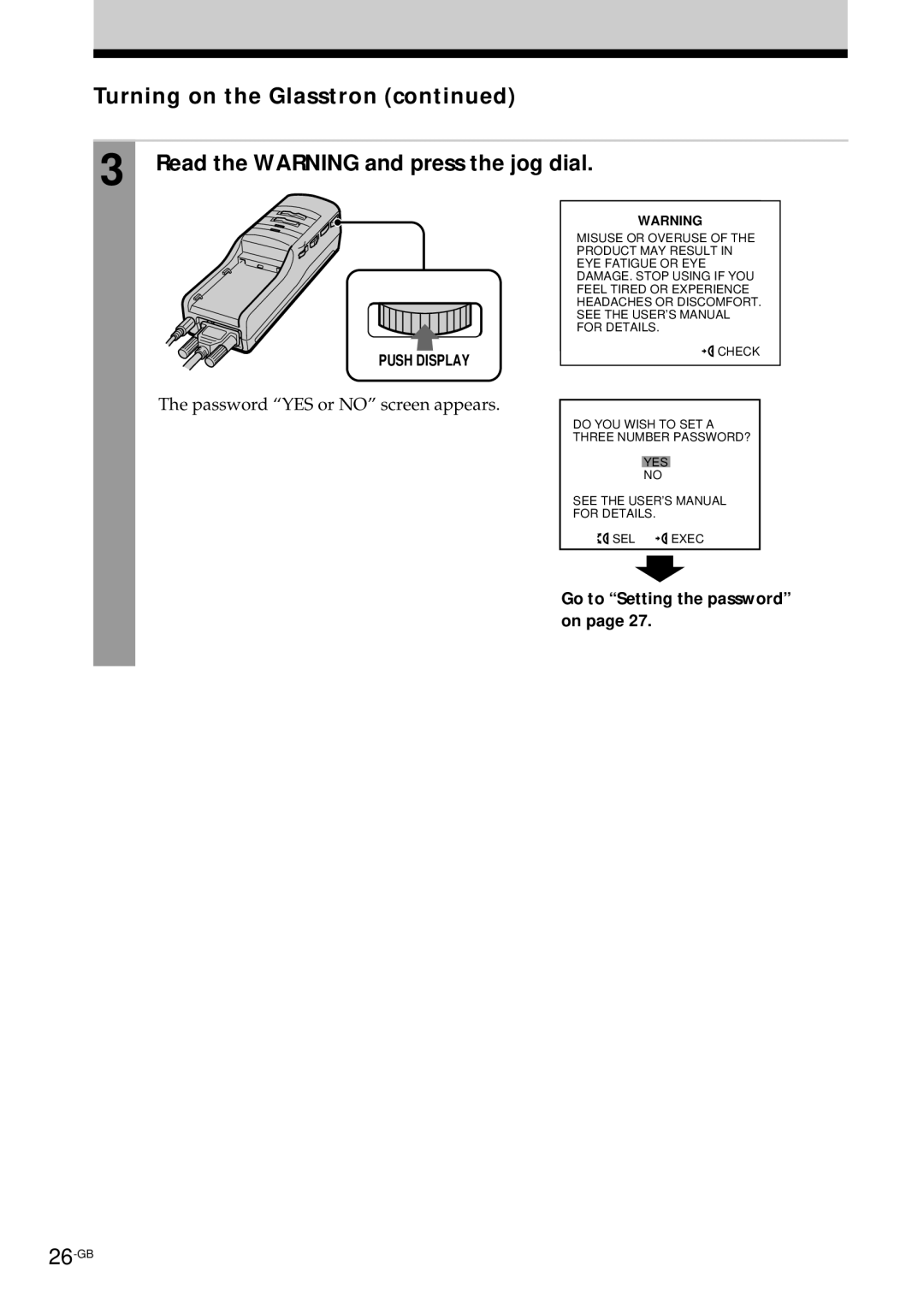 Sony PLM-S700E instruction manual Password YES or no screen appears, Go to Setting the password on 