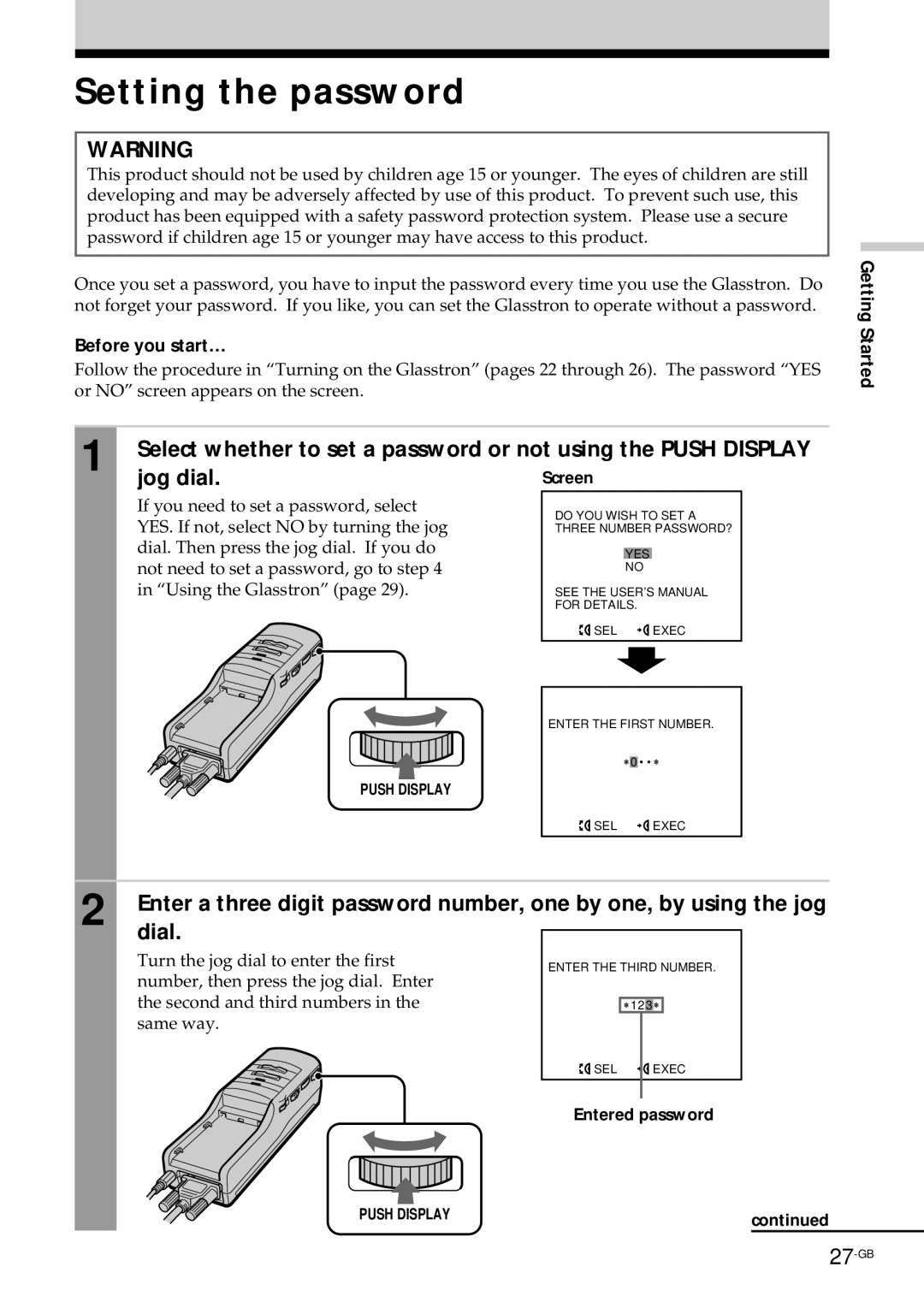 Sony PLM-S700E instruction manual Setting the password, Jog dial, Dial, Before you start…, Entered password 