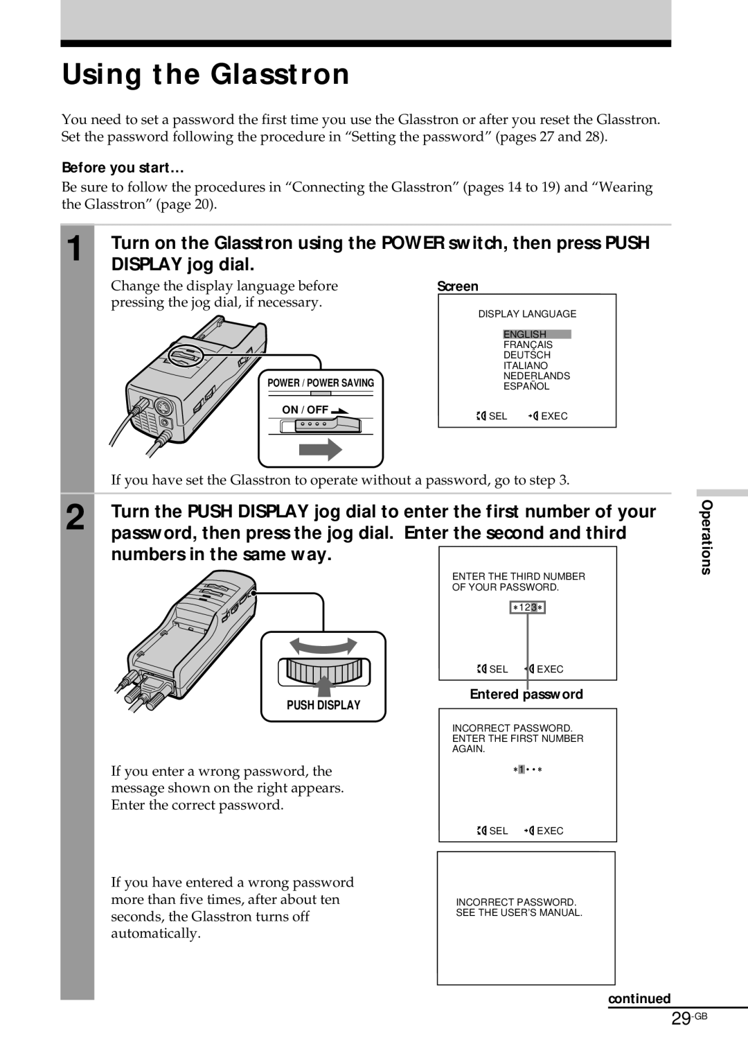 Sony PLM-S700E instruction manual Using the Glasstron, Display jog dial, Numbers in the same way, Operations 