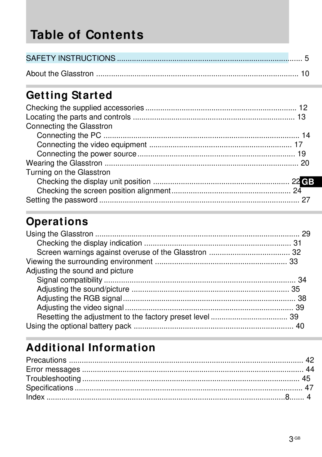 Sony PLM-S700E instruction manual Table of Contents 