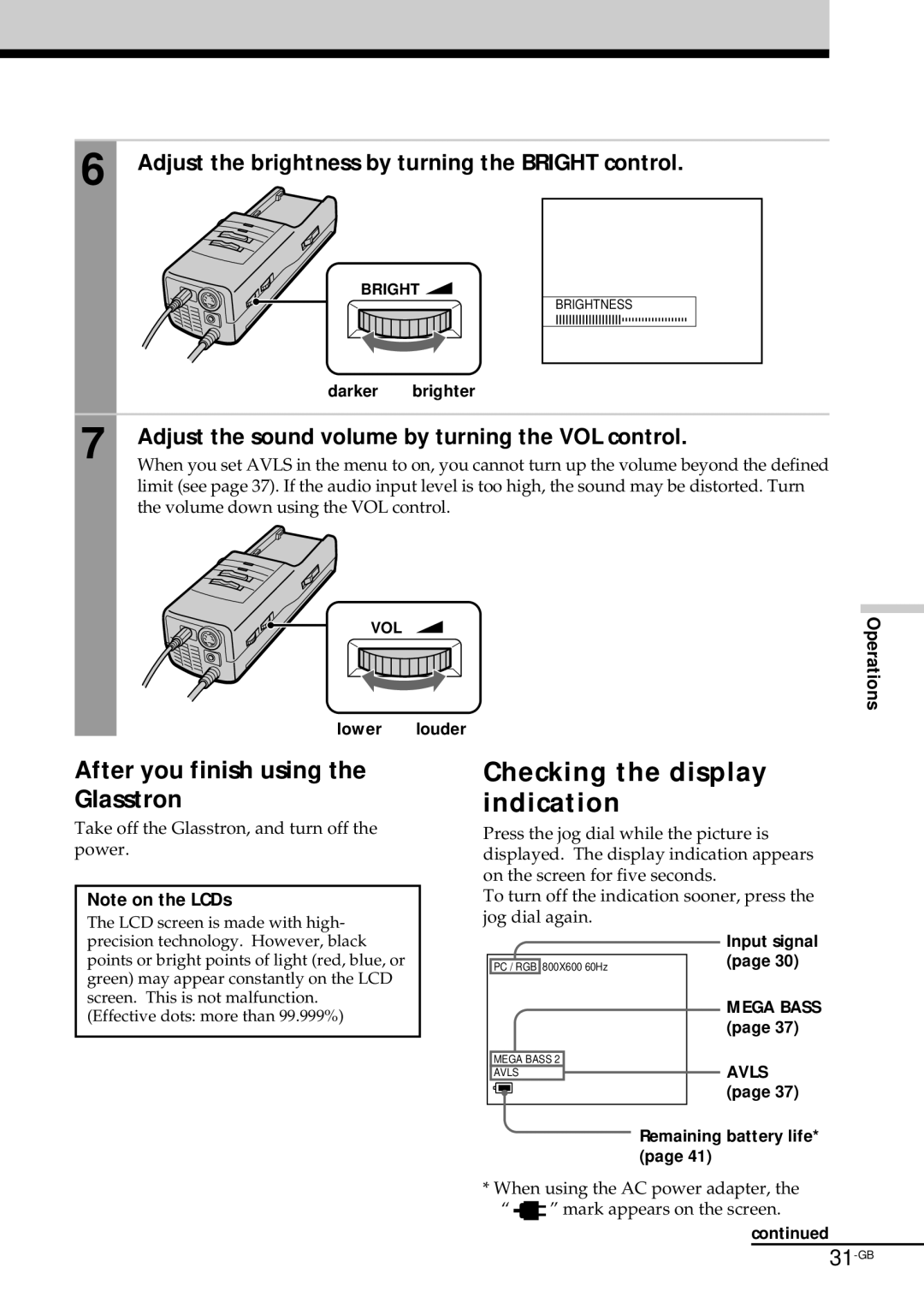 Sony PLM-S700E instruction manual Checking the display indication, After you finish using the Glasstron 