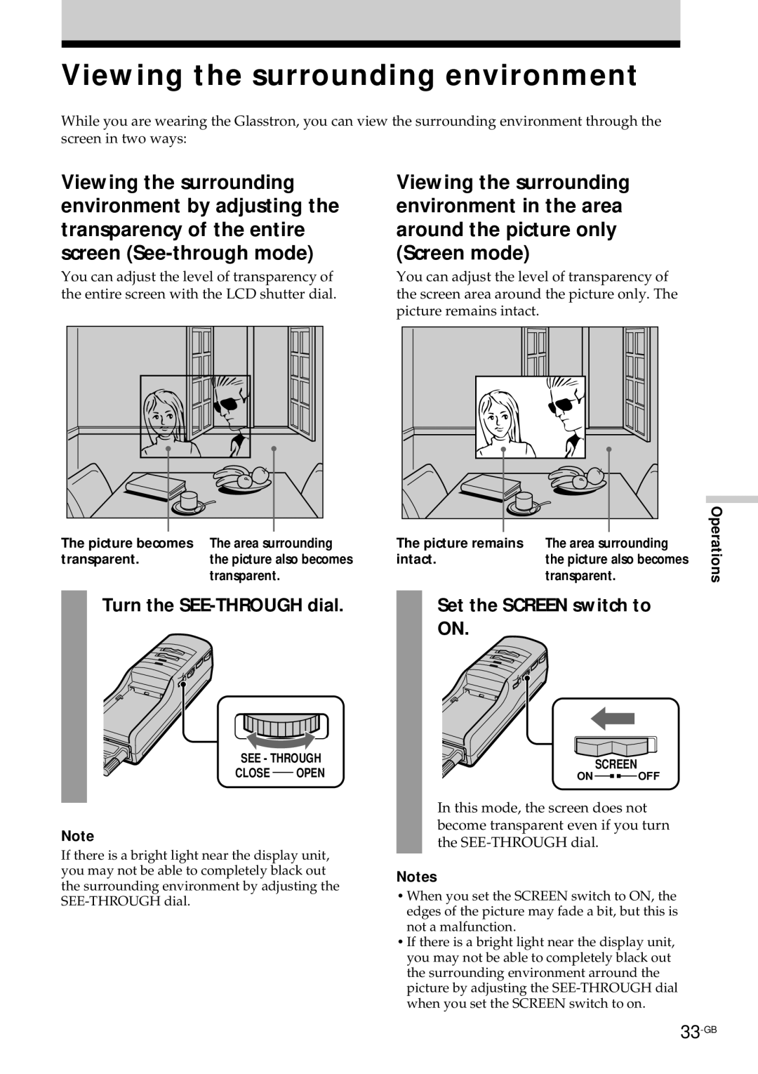 Sony PLM-S700E instruction manual Viewing the surrounding environment, Turn the SEE-THROUGH dial, Set the Screen switch to 