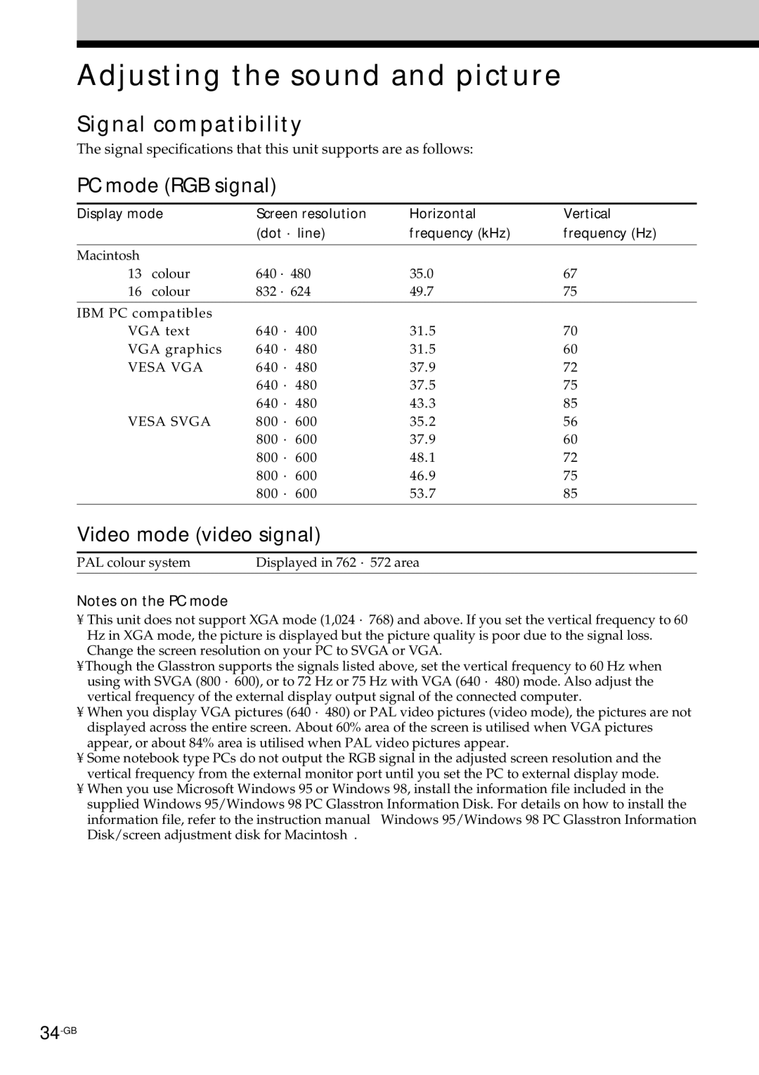 Sony PLM-S700E Adjusting the sound and picture, Signal compatibility, PC mode RGB signal, Video mode video signal 