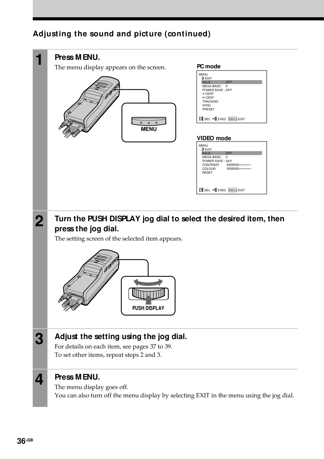 Sony PLM-S700E Adjusting the sound and picture Press Menu, Press the jog dial, Adjust the setting using the jog dial 