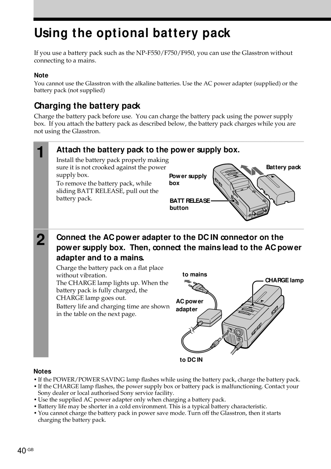 Sony PLM-S700E Using the optional battery pack, Charging the battery pack, Attach the battery pack to the power supply box 