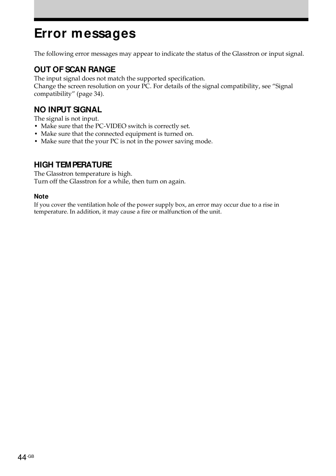 Sony PLM-S700E instruction manual Error messages, OUT of Scan Range 