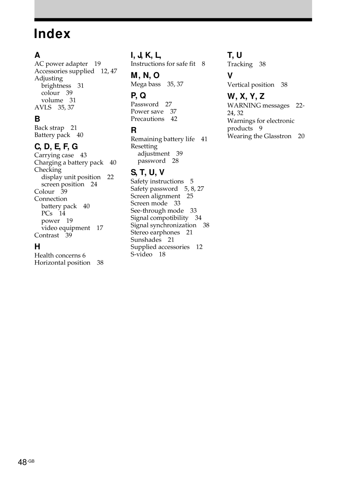 Sony PLM-S700E instruction manual Index, E, F, G, K, L, Y, Z 