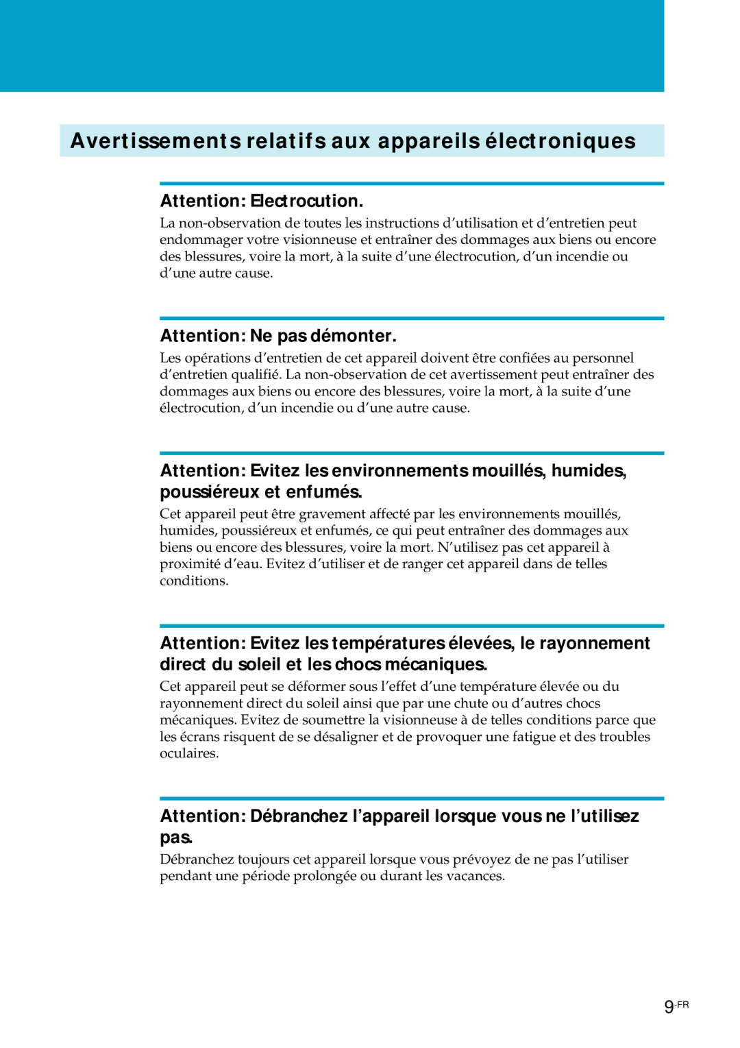 Sony PLM-S700E instruction manual Avertissements relatifs aux appareils électroniques 