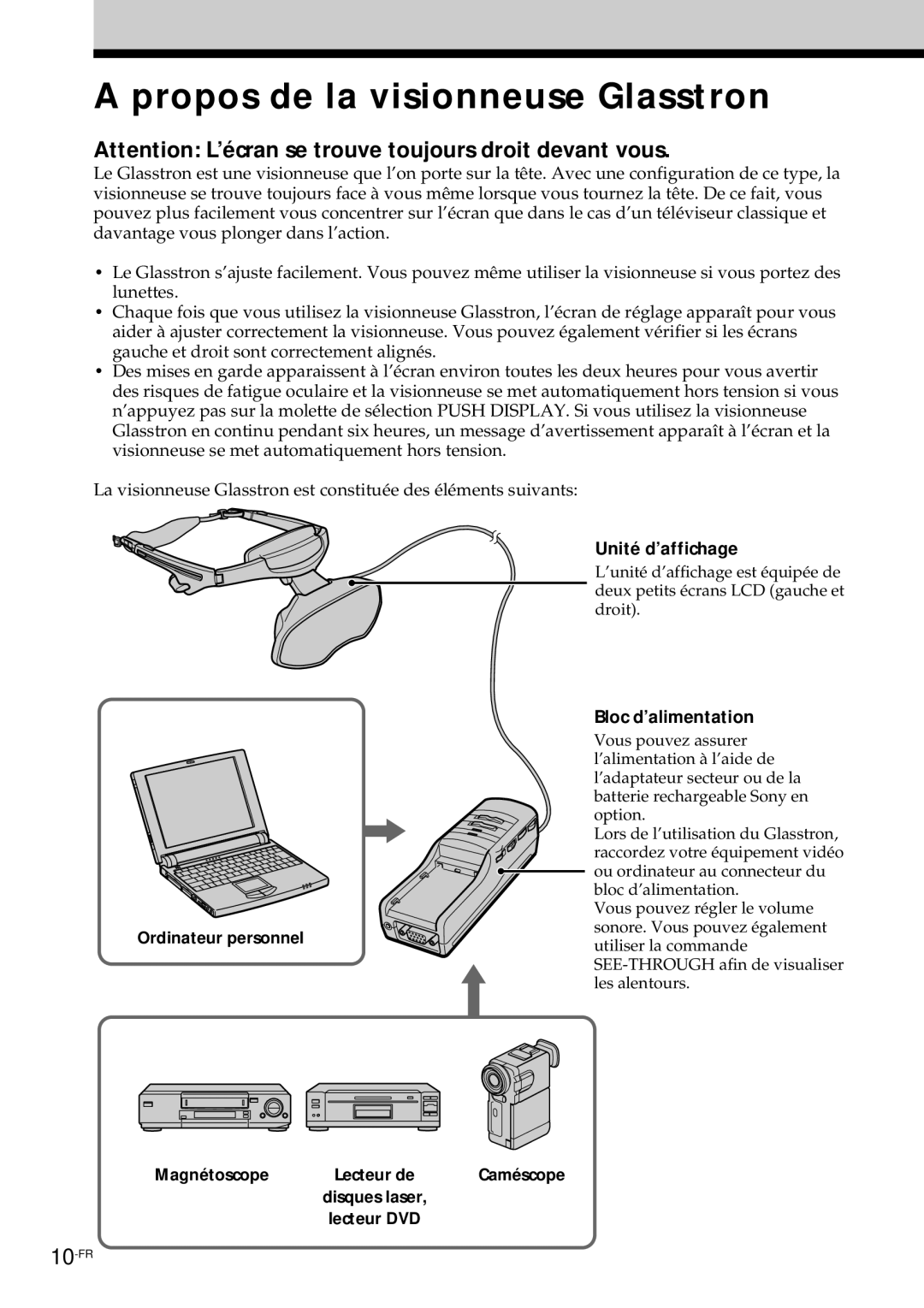 Sony PLM-S700E Propos de la visionneuse Glasstron, Unité d’affichage, Bloc d’alimentation, Ordinateur personnel 