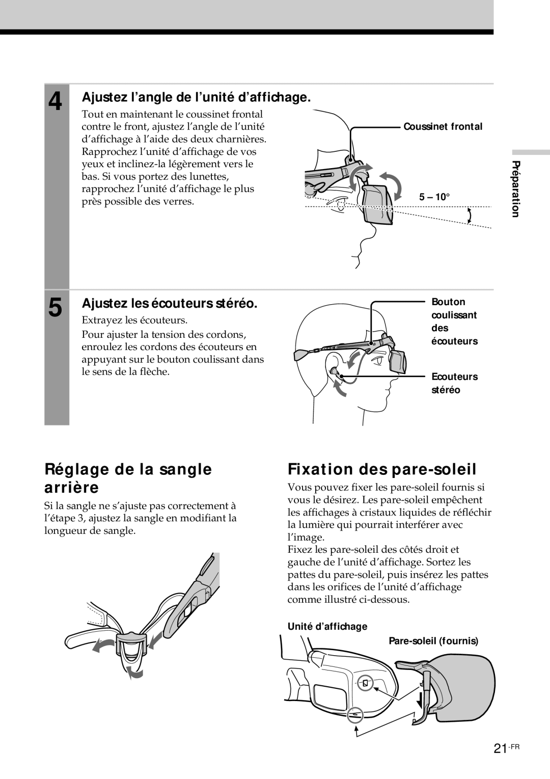 Sony PLM-S700E Réglage de la sangle arrière, Fixation des pare-soleil, Ajustez l’angle de l’unité d’affichage 