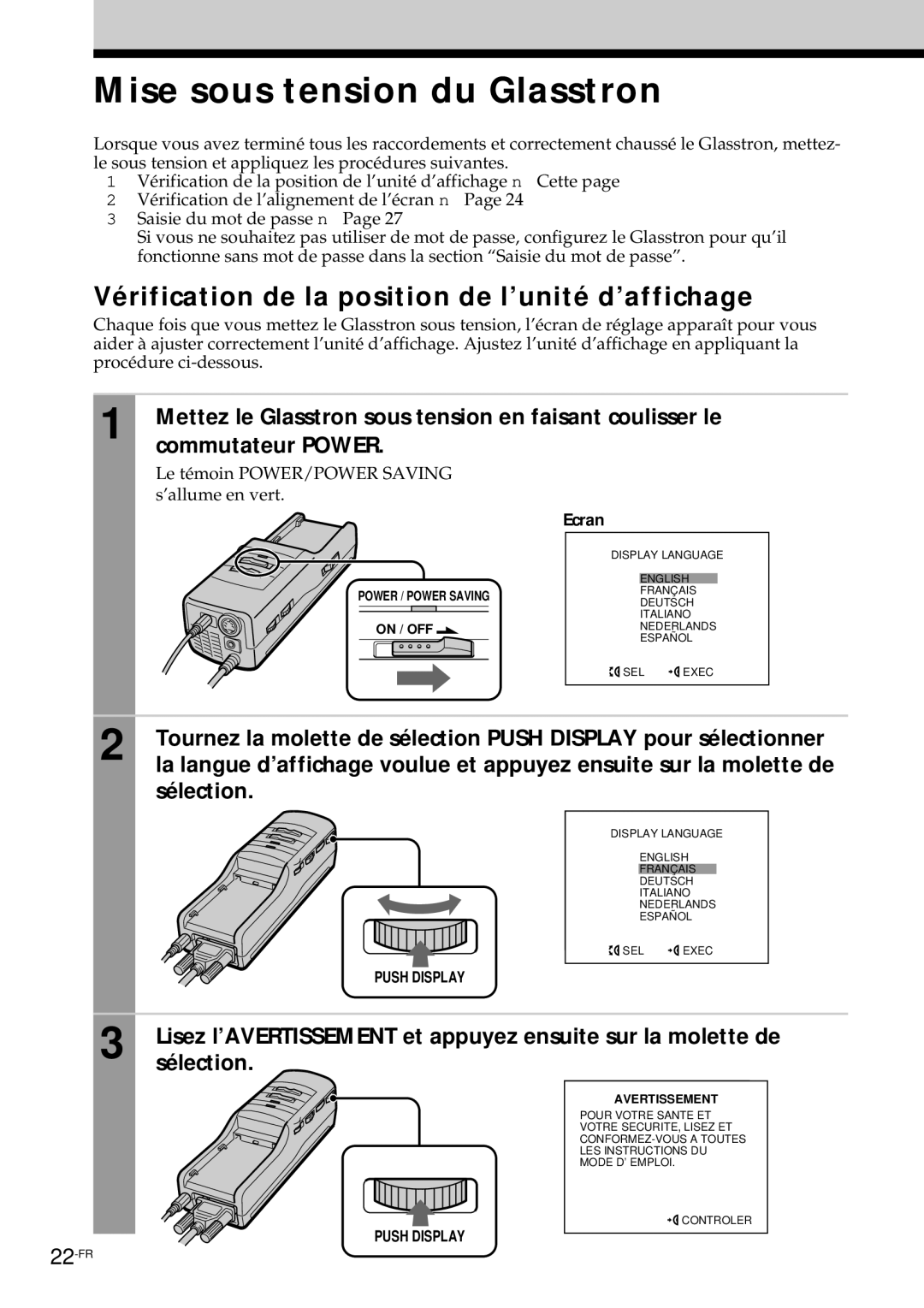 Sony PLM-S700E Mise sous tension du Glasstron, Vérification de la position de l’unité d’affichage, Commutateur Power 