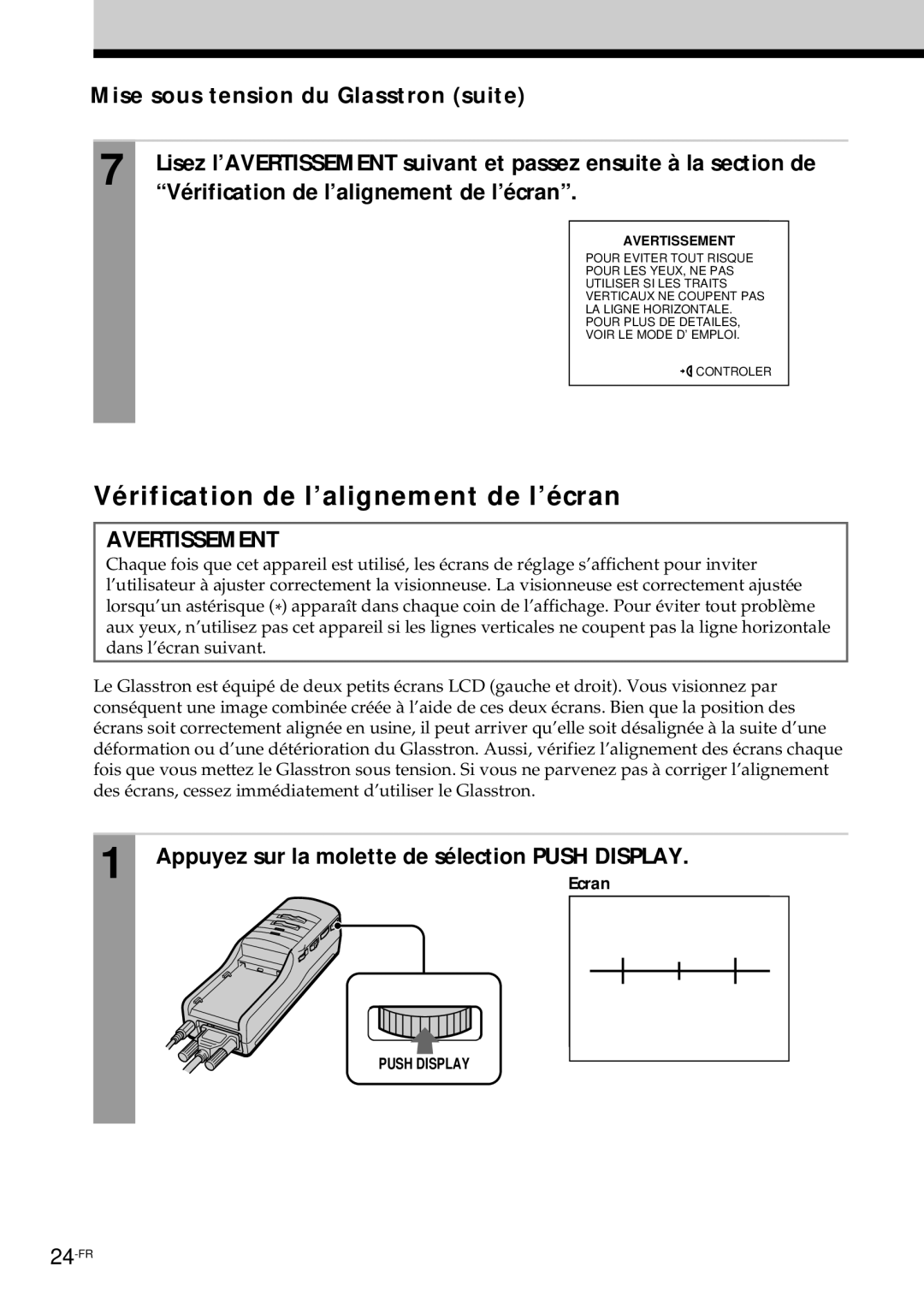 Sony PLM-S700E instruction manual Vérification de l’alignement de l’écran, Appuyez sur la molette de sélection Push Display 