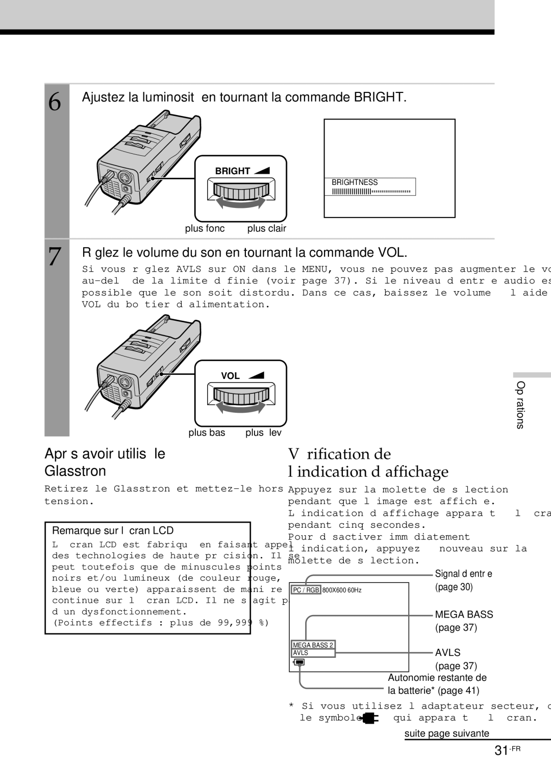 Sony PLM-S700E instruction manual Vérification de l’indication d’affichage, Après avoir utilisé le Glasstron 