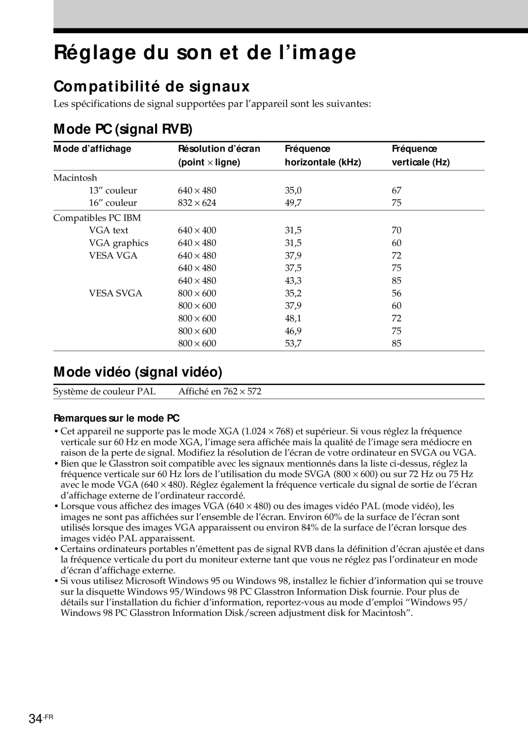 Sony PLM-S700E Réglage du son et de l’image, Compatibilité de signaux, Mode PC signal RVB, Mode vidéo signal vidéo 