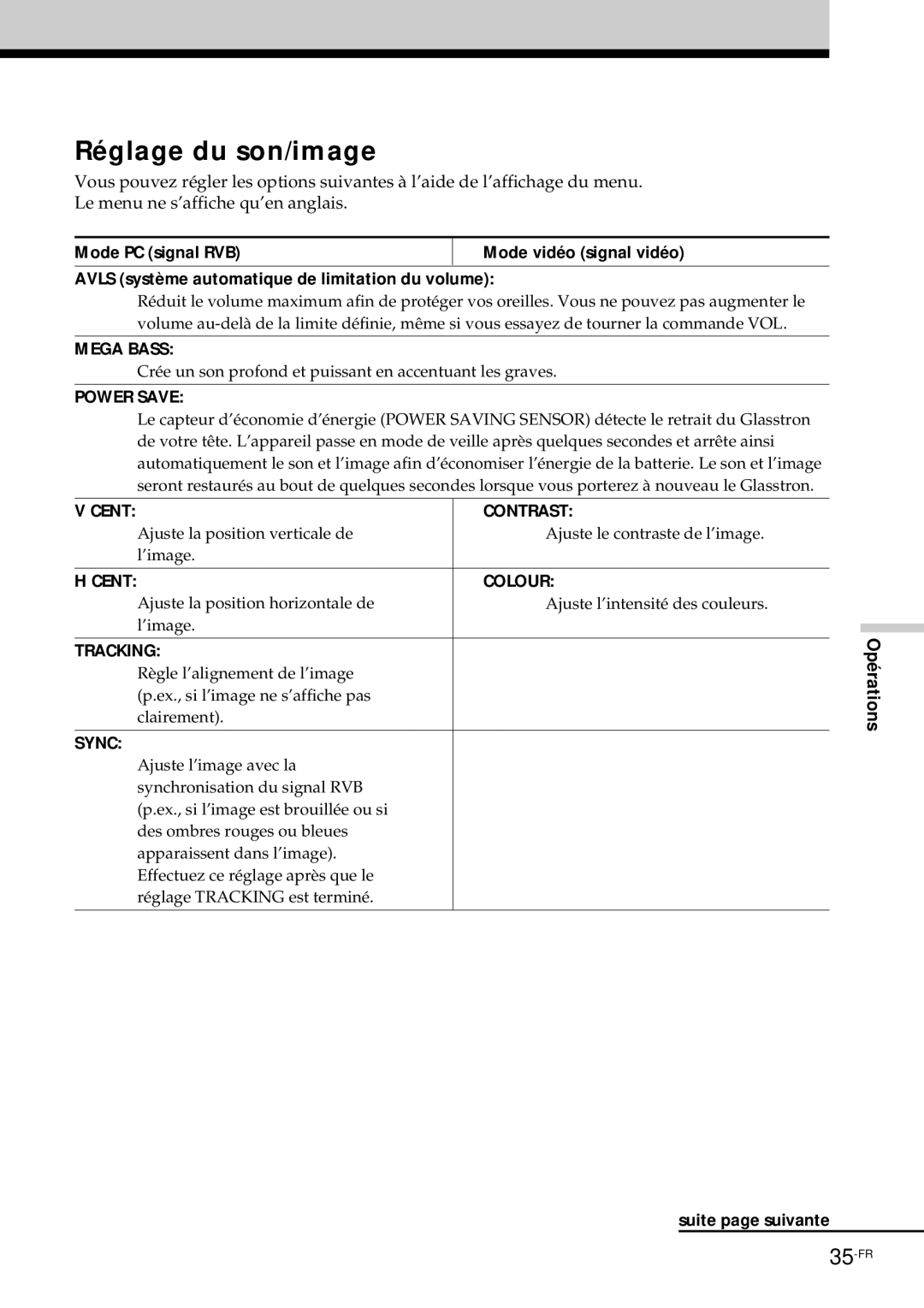 Sony PLM-S700E instruction manual Réglage du son/image, Suite page suivante 