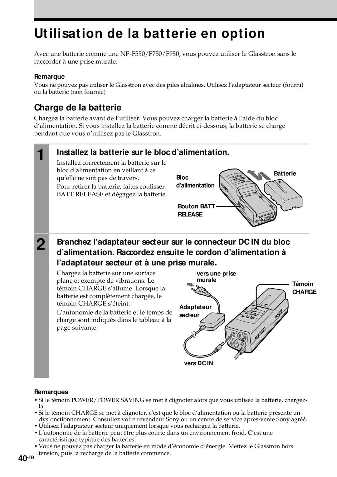 Sony PLM-S700E Utilisation de la batterie en option, Charge de la batterie, ’adaptateur secteur et à une prise murale 