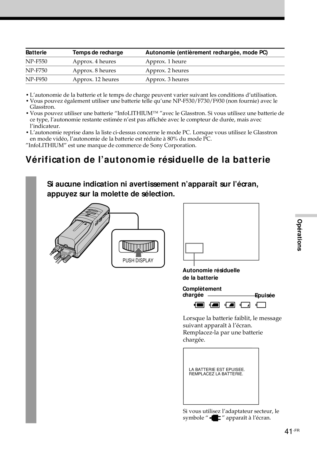 Sony PLM-S700E instruction manual Vérification de l’autonomie résiduelle de la batterie 