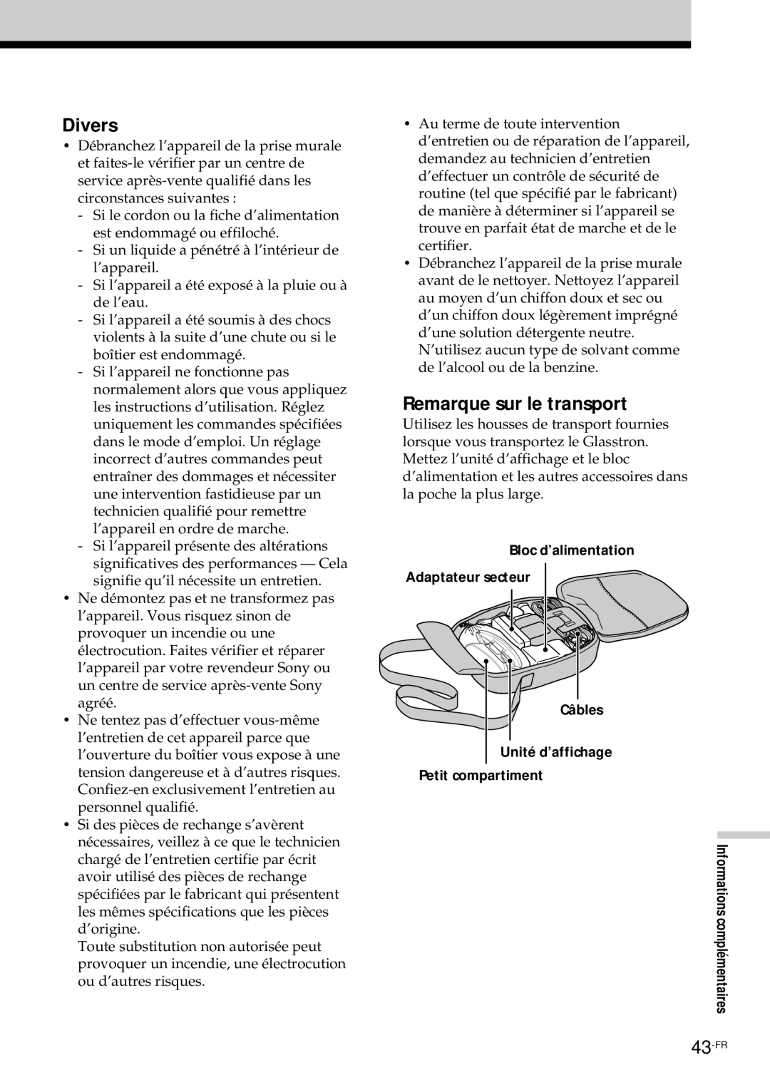 Sony PLM-S700E instruction manual Divers, Remarque sur le transport 