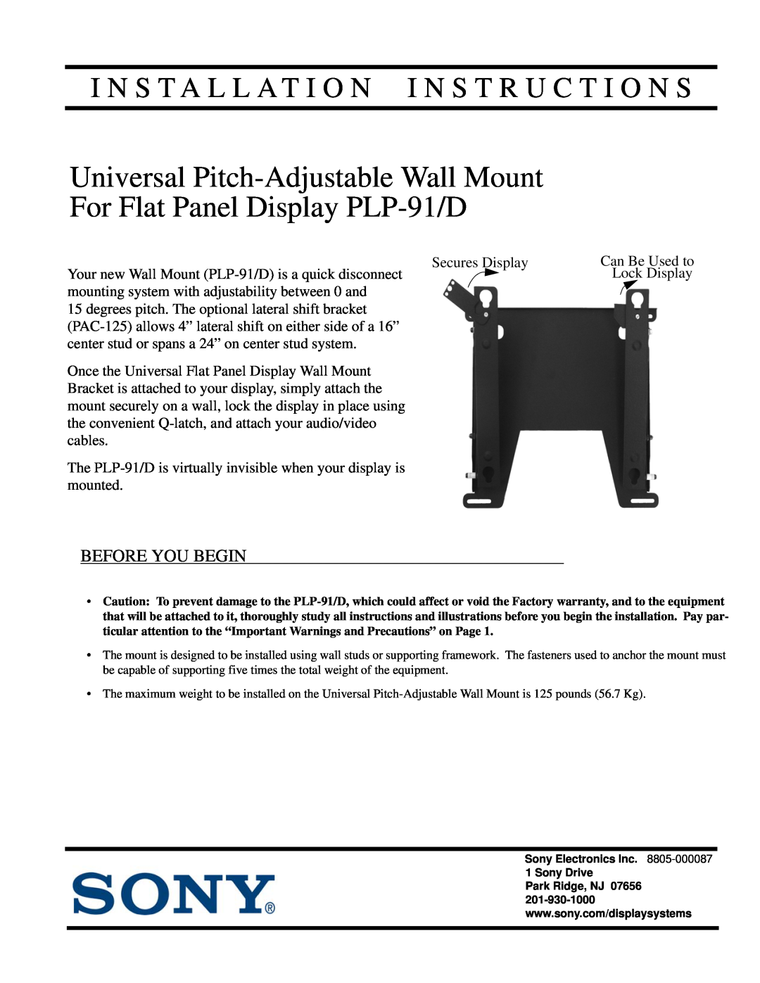 Sony installation instructions Universal Pitch-Adjustable Wall Mount For Flat Panel Display PLP-91/D, Before You Begin 