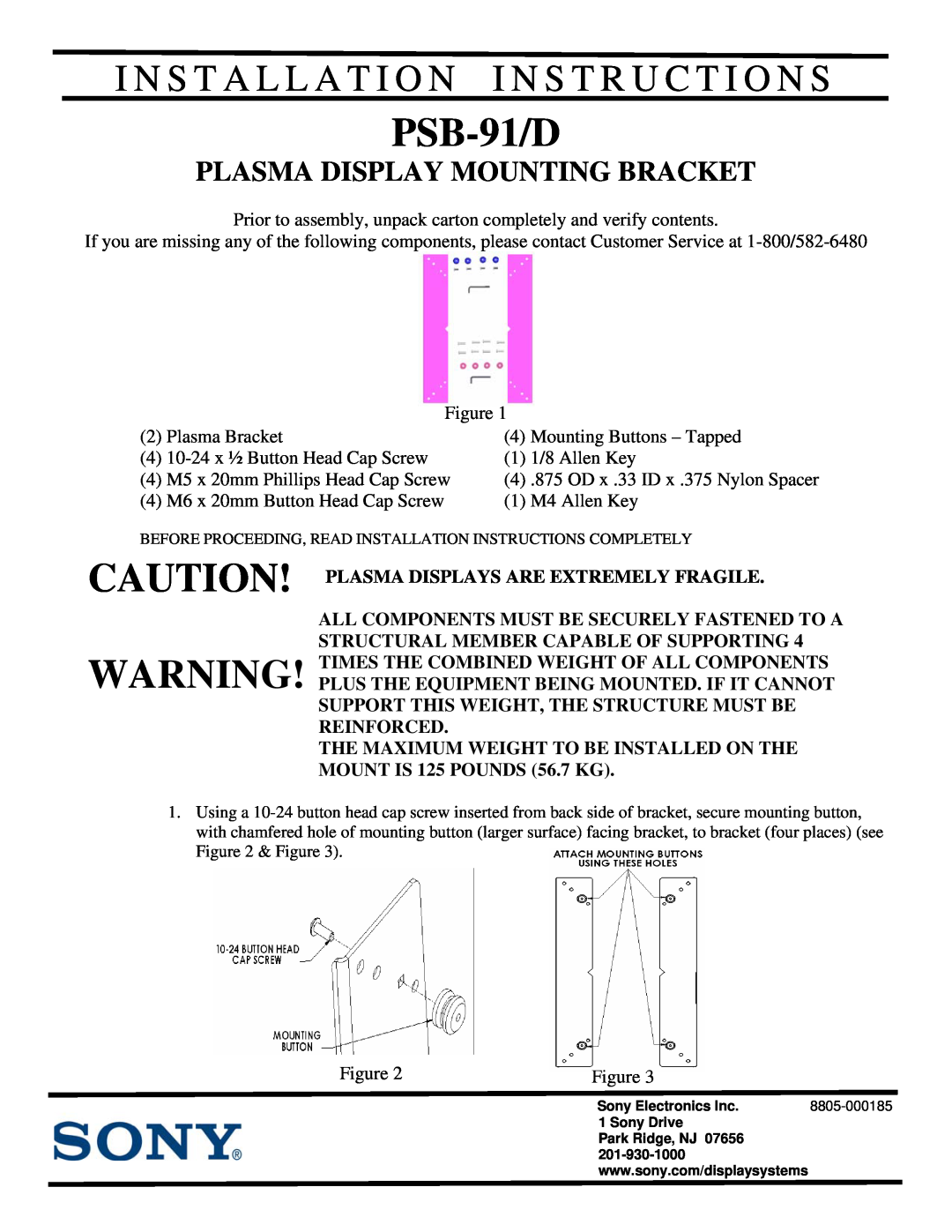 Sony PLP-91/D I N S T A L L A T I O N I N S T R U C T I O N S, PSB-91/D, Plasma Display Mounting Bracket 