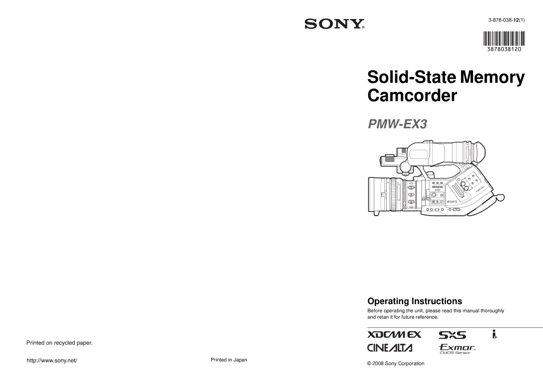 Sony PMW-EX3 manual Solid-State Memory Camcorder 