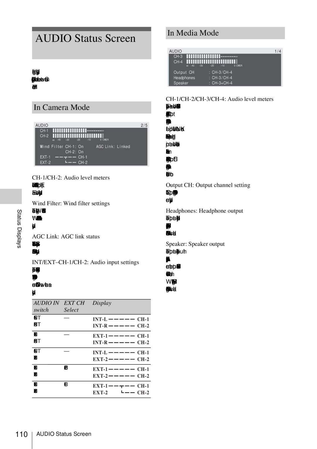 Sony PMW-EX3 manual Audio Status Screen, Camera Mode, Media Mode, 110 