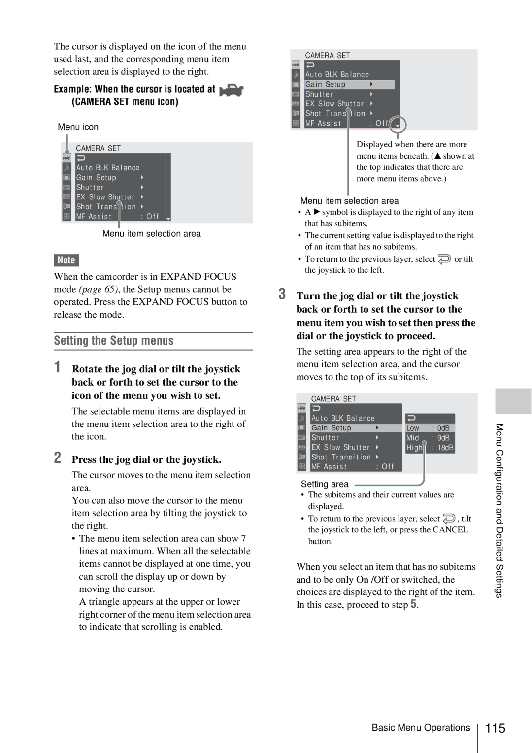 Sony PMW-EX3 manual Setting the Setup menus, 115, Example When the cursor is located at Camera SET menu icon 