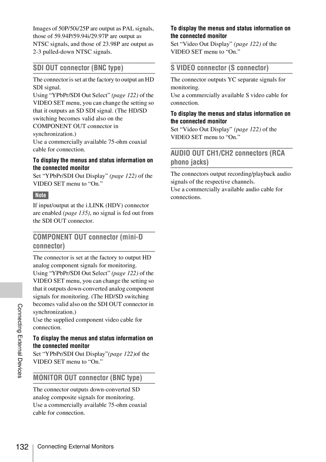 Sony PMW-EX3 manual SDI OUT connector BNC type, Component OUT connector mini-D connector, Monitor OUT connector BNC type 