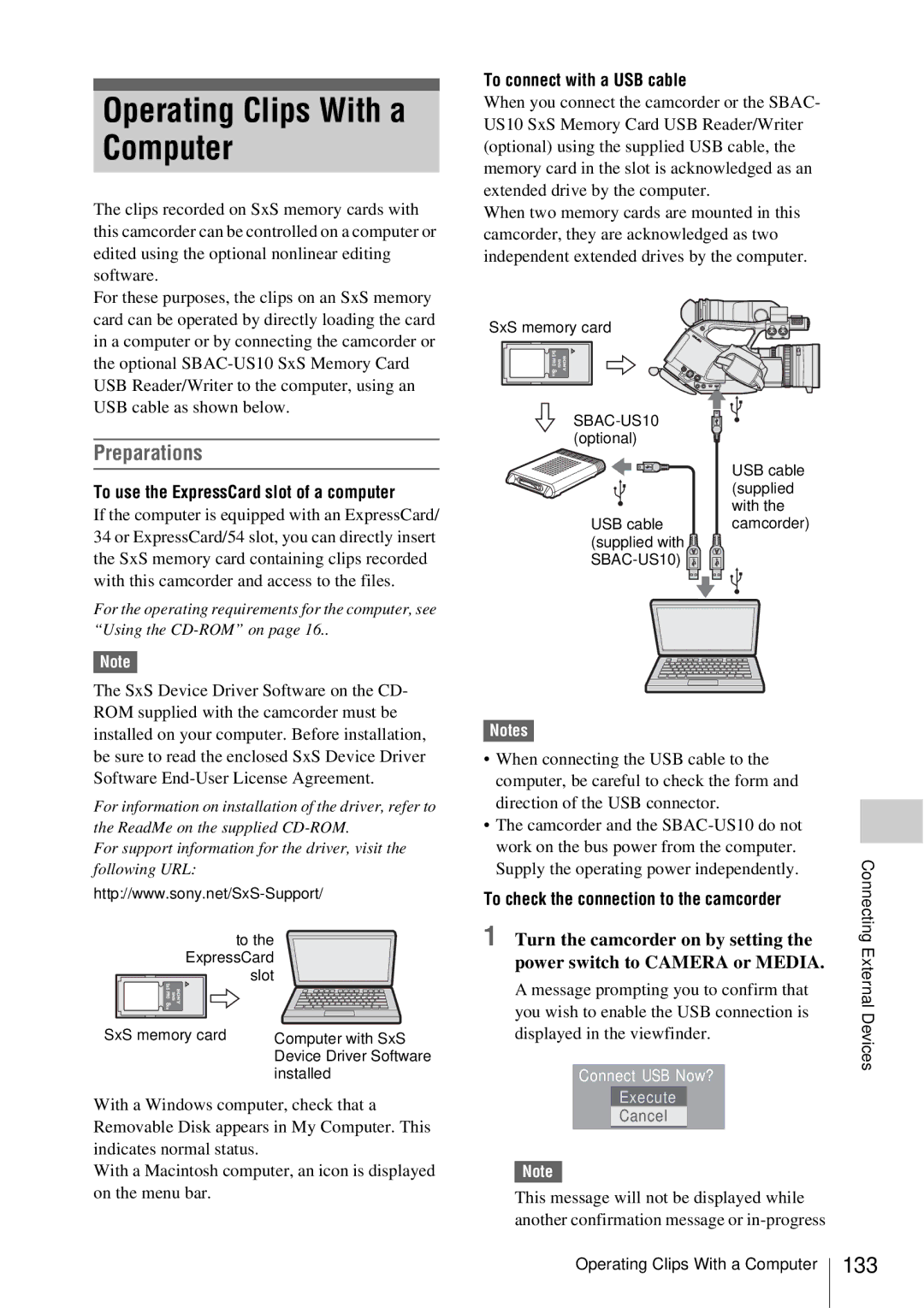 Sony PMW-EX3 manual Operating Clips With a Computer, To connect with a USB cable, To use the ExpressCard slot of a computer 