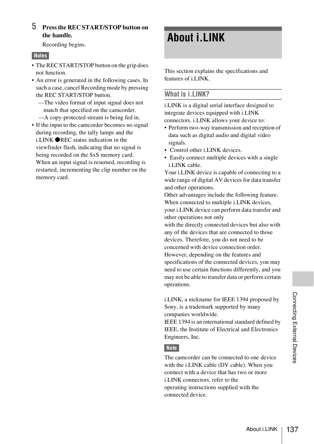 Sony PMW-EX3 manual About i.LINK, What is i.LINK?, 137, Press the REC START/STOP button on the handle 