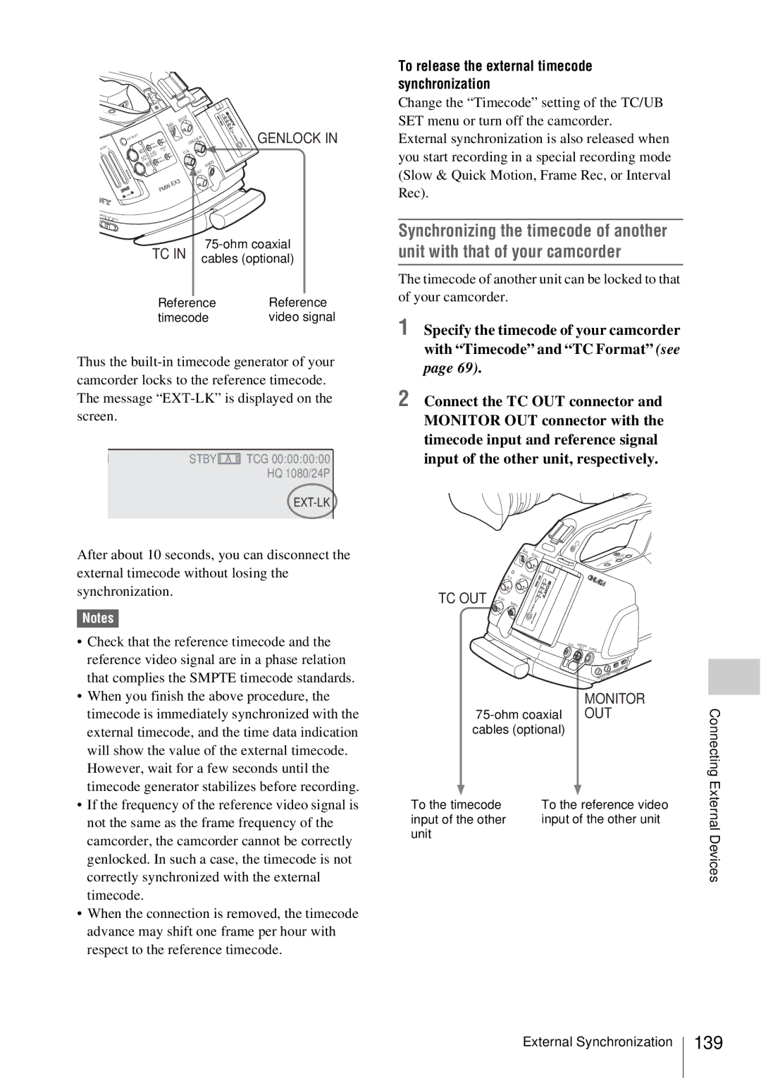 Sony PMW-EX3 139, To release the external timecode synchronization, Ohm coaxial TC in cables optional Reference Timecode 