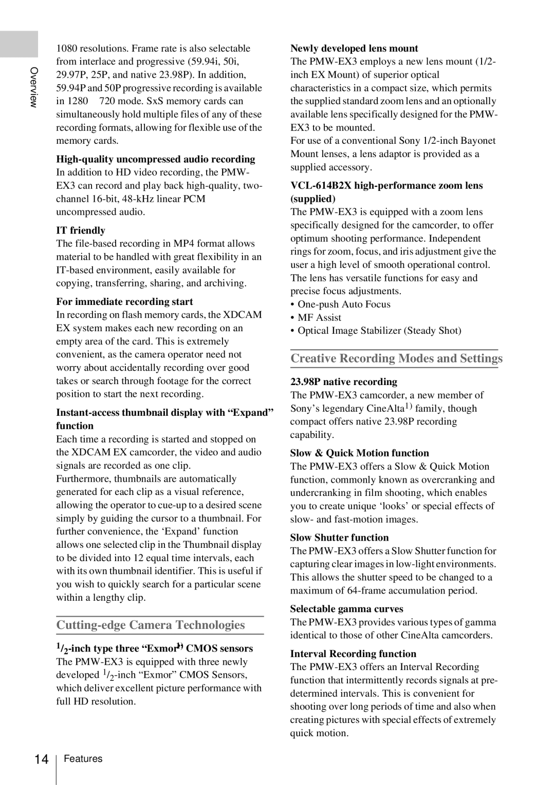 Sony PMW-EX3 manual Cutting-edge Camera Technologies, Creative Recording Modes and Settings 