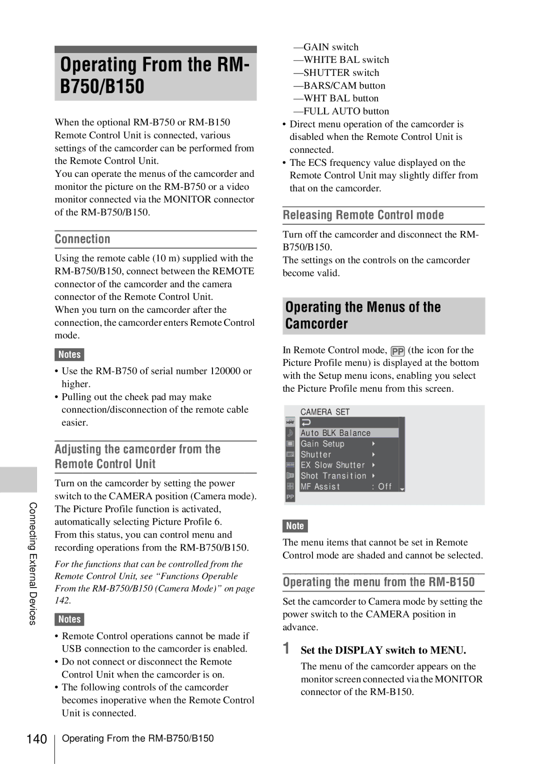 Sony PMW-EX3 manual Operating From the RM B750/B150, Connection, Remote Control Unit, Releasing Remote Control mode 