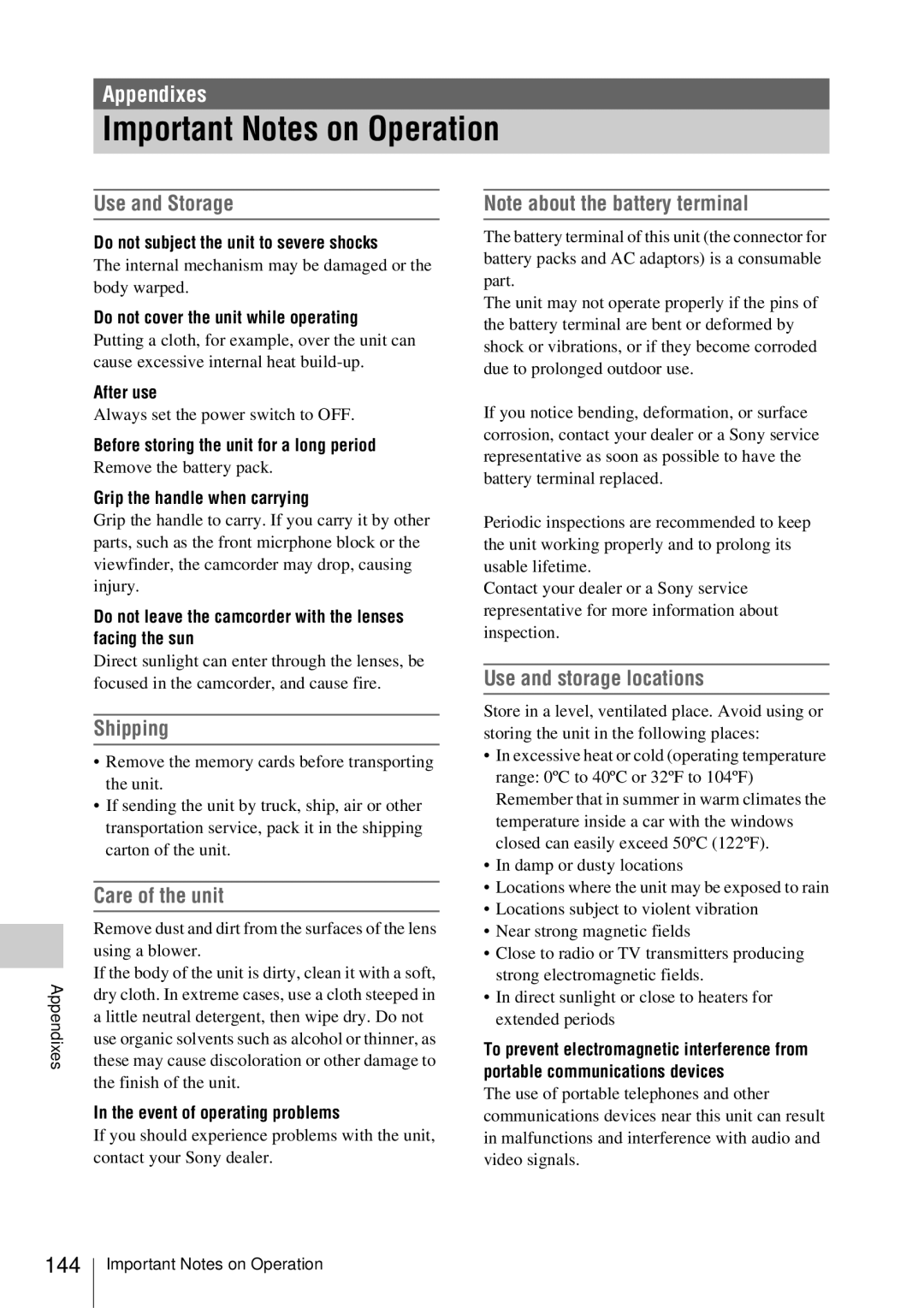 Sony PMW-EX3 manual Important Notes on Operation, Use and Storage, Shipping, Care of the unit, Use and storage locations 