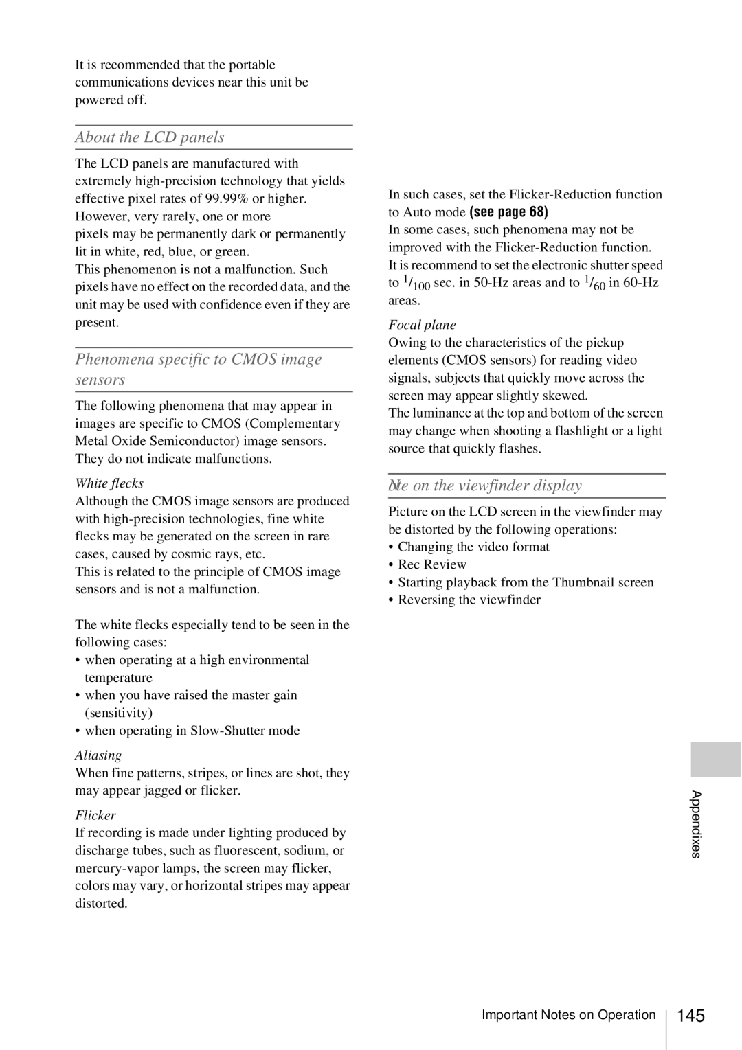 Sony PMW-EX3 manual About the LCD panels, Phenomena specific to Cmos image sensors, 145 