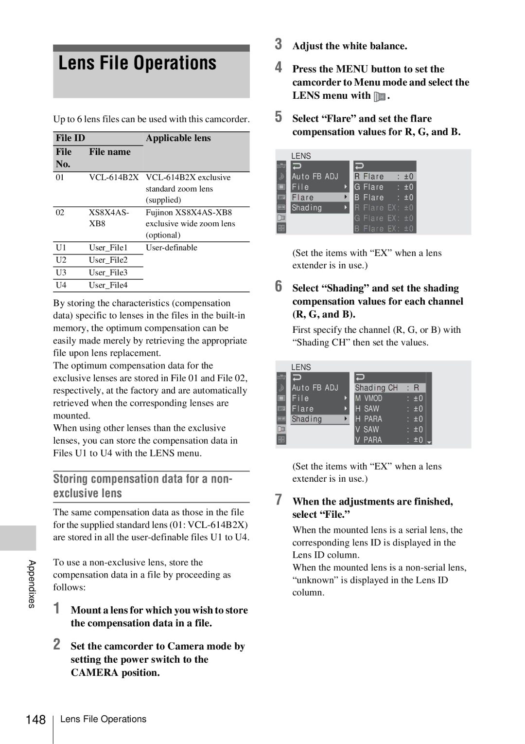 Sony PMW-EX3 manual Lens File Operations, Storing compensation data for a non- exclusive lens, 148 